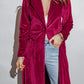 Collared Neck Longline Velvet Cardigan with Pockets