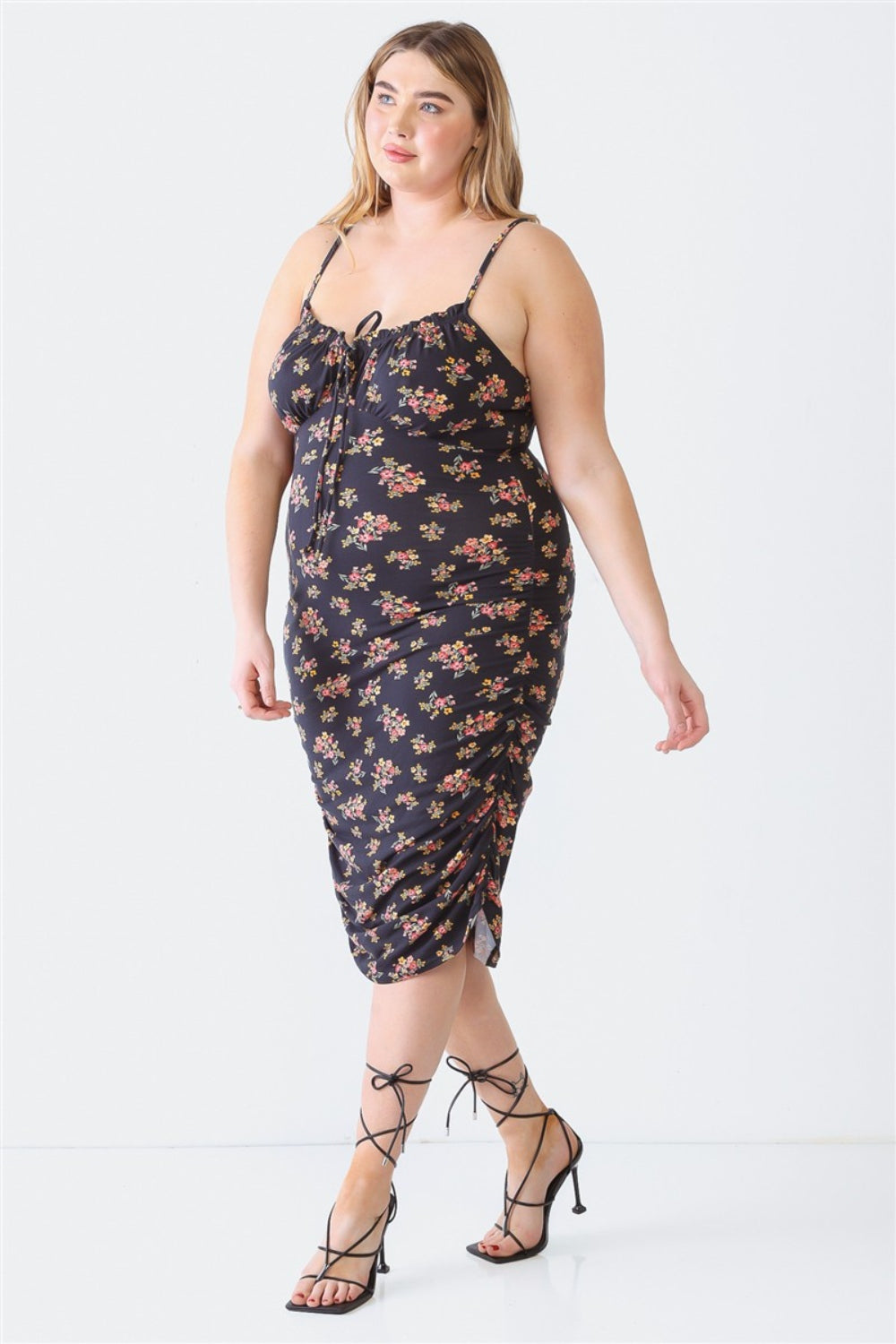 Plus Size Ruched Floral Square Neck Cami Dress