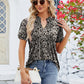 Ruched Printed Notched Short Sleeve Blouse