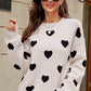 Woven Right Heart Pattern Lantern Sleeve Round Neck Tunic Sweater