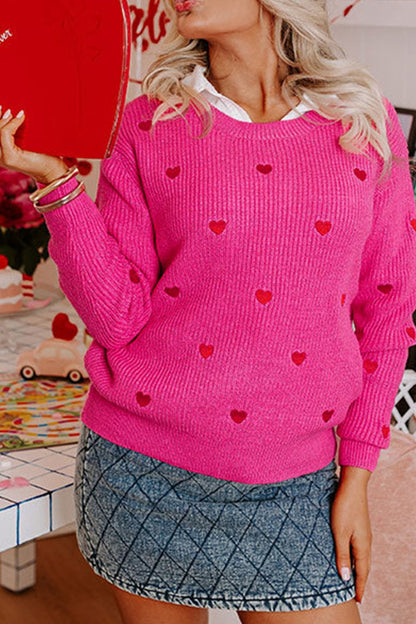 Heart Round Neck Long Sleeve Sweater