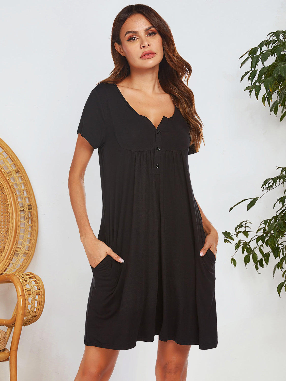 Notched Short Sleeve Mini Lounge Dress