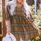 Plaid V-Neck Balloon Sleeve Dress