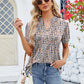 Ruched Printed Notched Short Sleeve Blouse