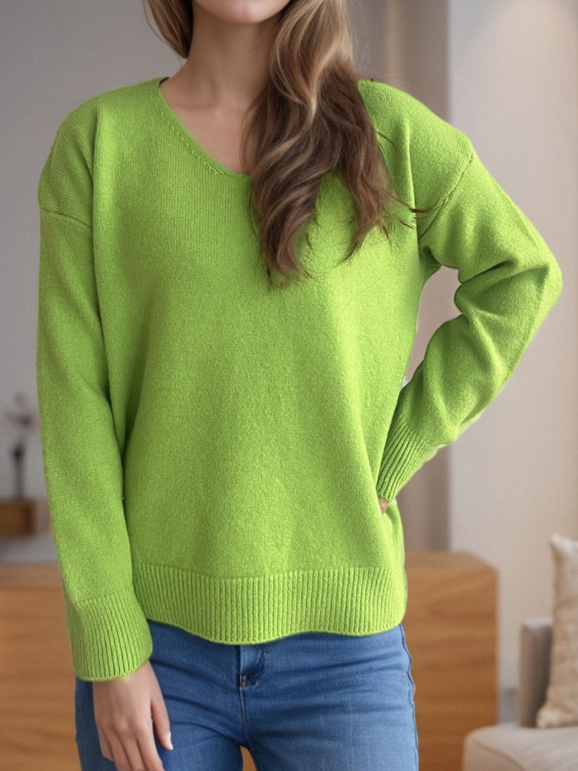 V-Neck Dropped Shoulder Long Sleeve Sweater