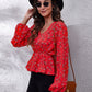 Ruched Printed V-Neck Long Sleeve Blouse