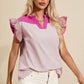 Ruffled Color Block Notched Cap Sleeve Blouse