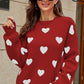 Woven Right Heart Pattern Lantern Sleeve Round Neck Tunic Sweater