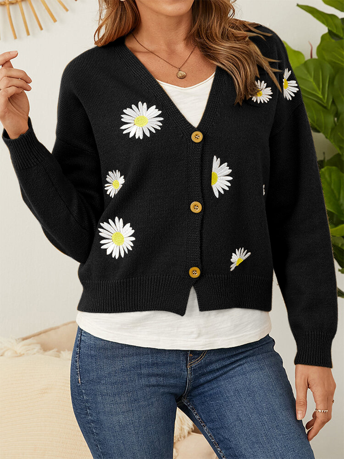 Flower Button Front Dropped Shoulder Cardigan