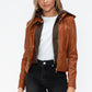 Snobbish Faux Leather Zip Up Drawstring Hooded Jacket