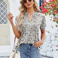 Ruched Printed Notched Short Sleeve Blouse