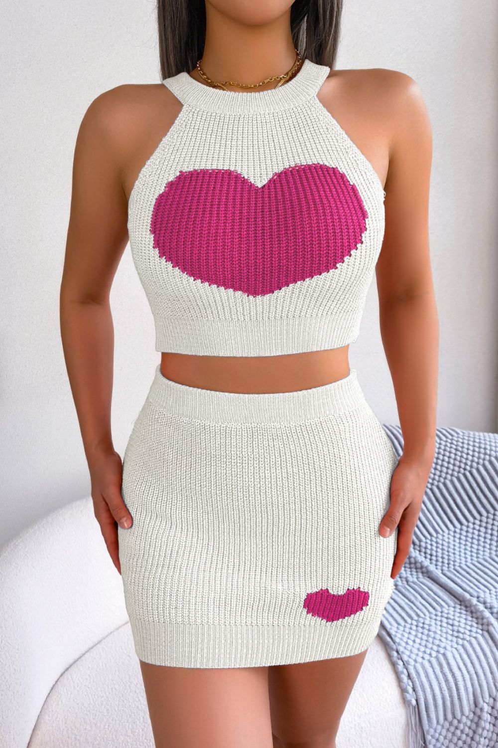 Heart Contrast Ribbed Sleeveless Knit Top & Skirt Set