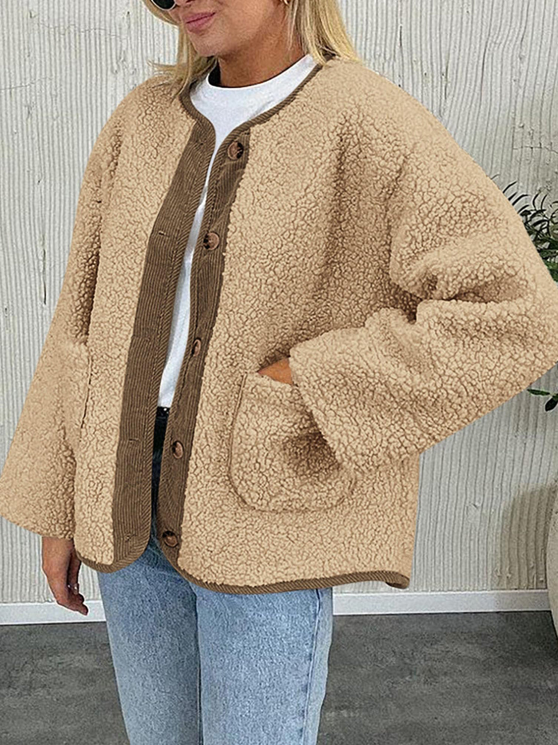 Contrast Button Up Sherpa Jacket with Pockets