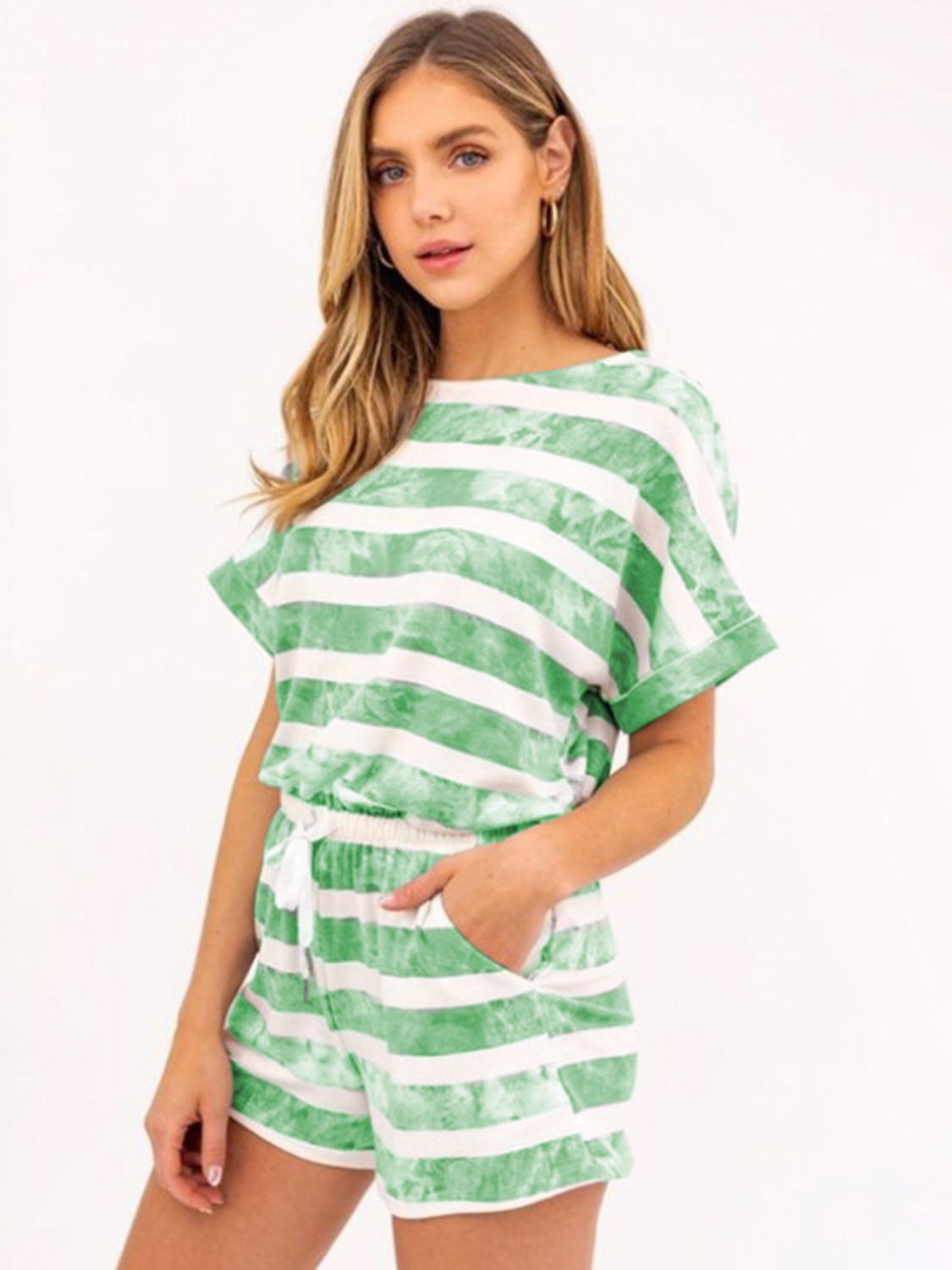 Striped Round Neck Top & Shorts Set